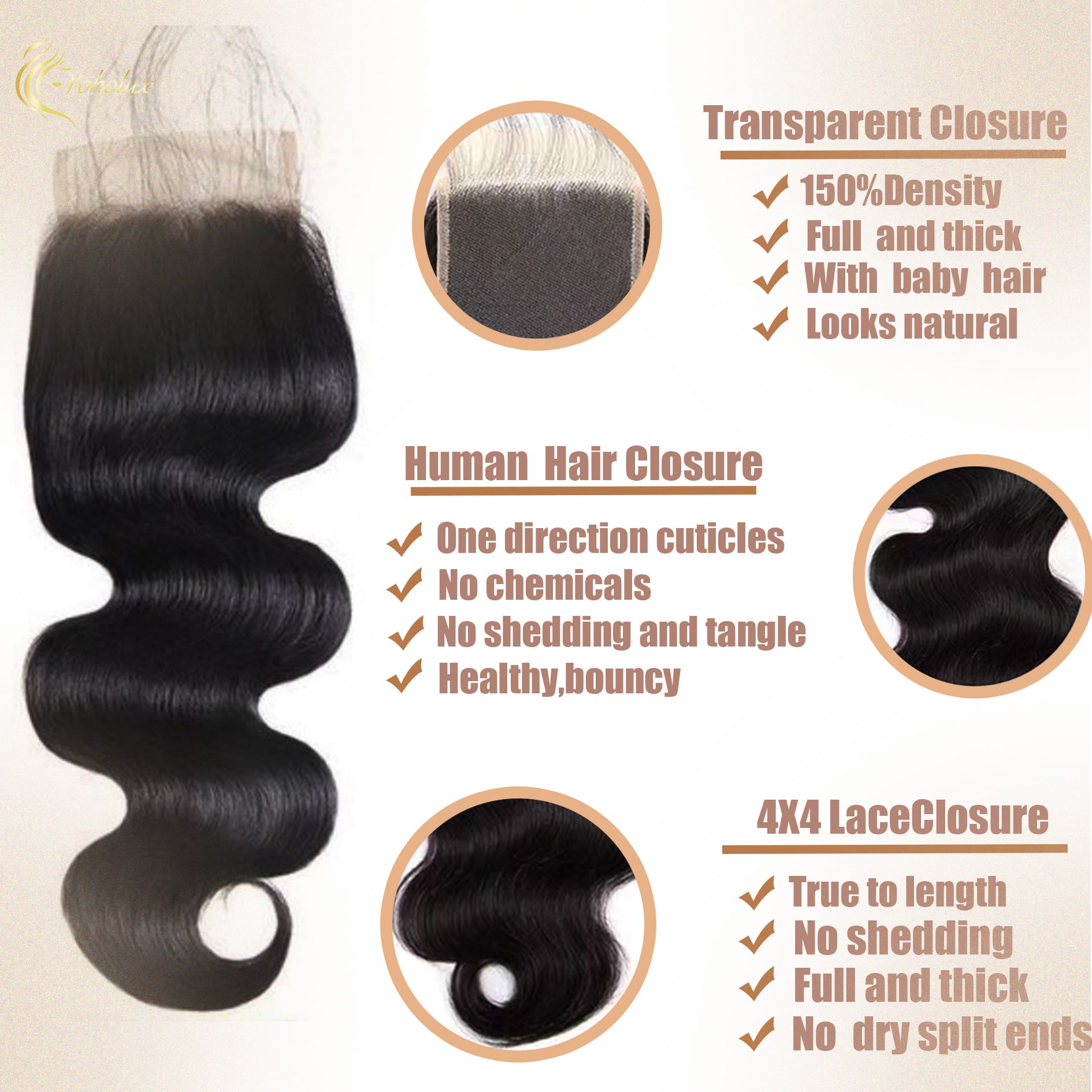 Yoholus Body Wave 4*4 Transparent Lace Closure