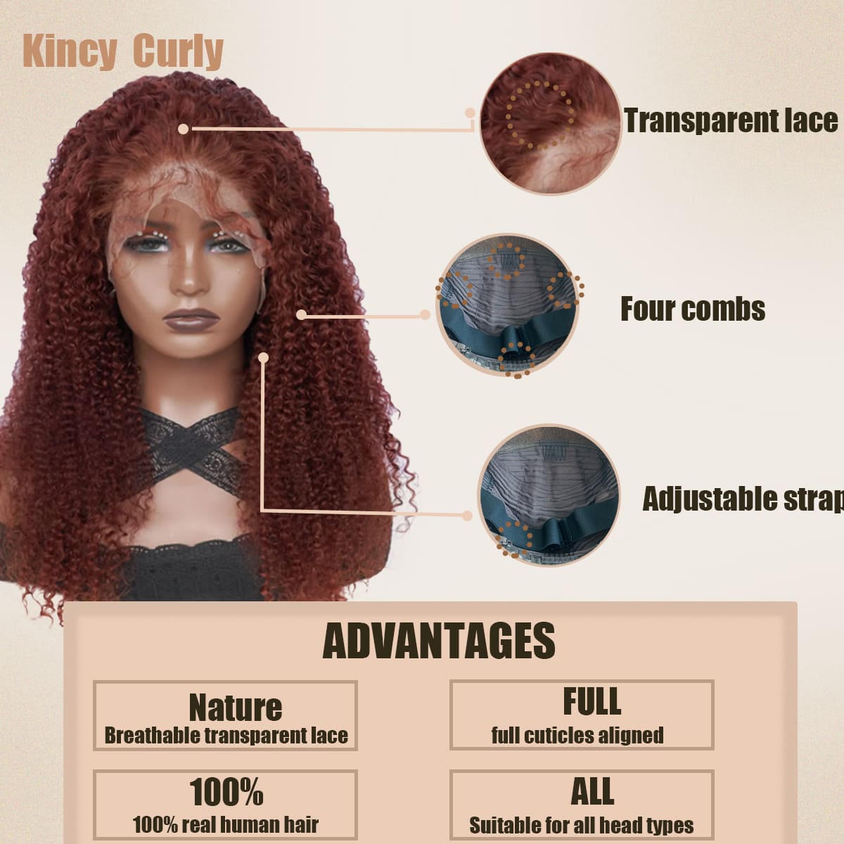 Yoholus Red Kincy Curly Wig with 13*4 Transparent Lace Frontal