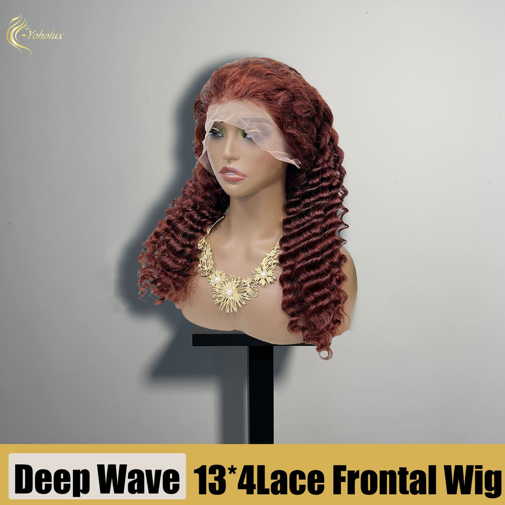 Yoholus 13*4 Lace Frontal Wig Red Deep Wave Human Hair
