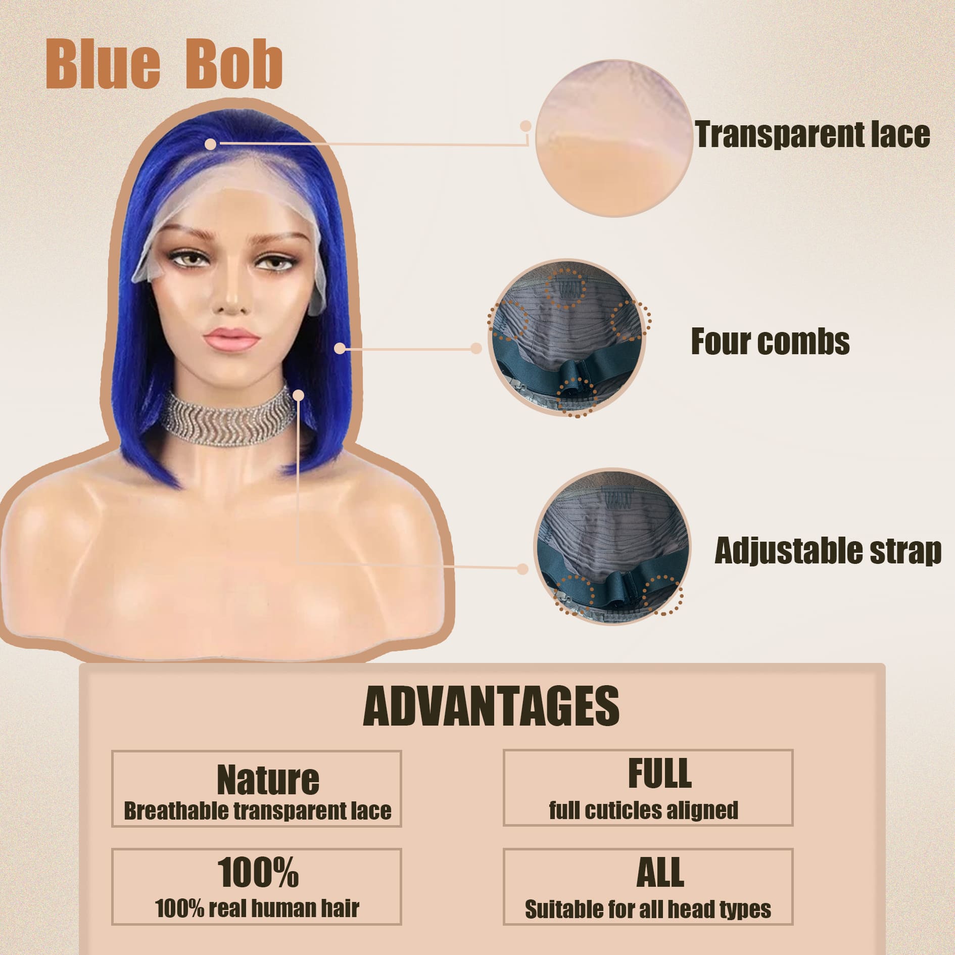 Yoholus Dark Blue Bob Wig with 13*6 Transparent Lace