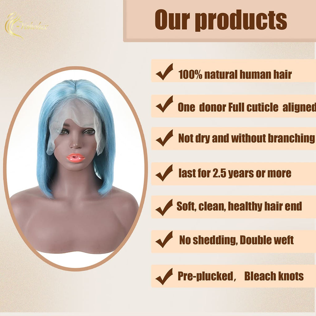 Yoholus Straight Bob Light Blue Wig 13*6 Bob Human Hair Wig