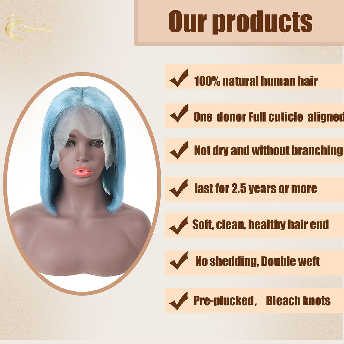 Yoholus Straight Bob Light Blue Wig 13*6 Bob Human Hair Wig