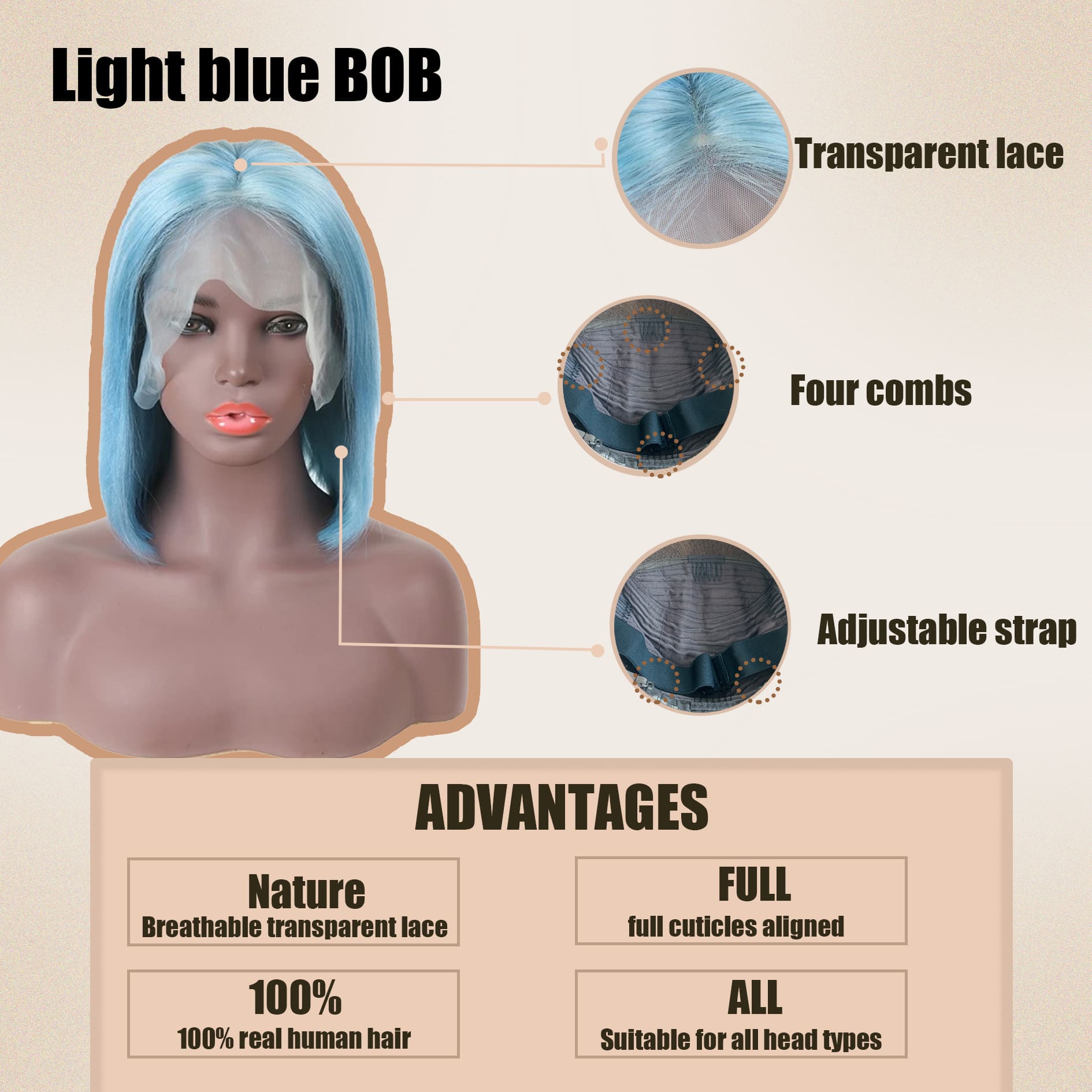 Yoholus Straight Bob Light Blue Wig 13*6 Bob Human Hair Wig