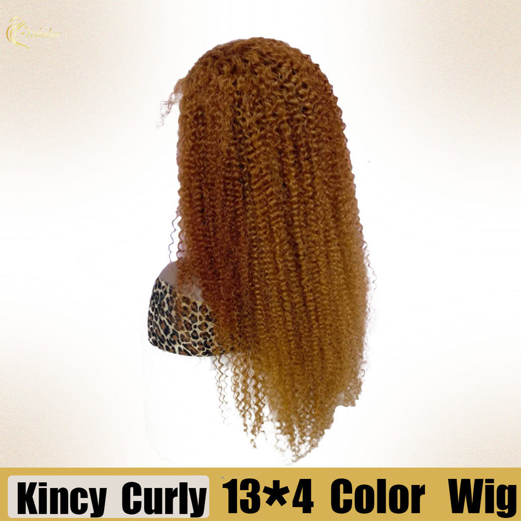 Yoholus Golden Yellow Kincy Curly Wig with 13*4 Transparent Lace Frontal