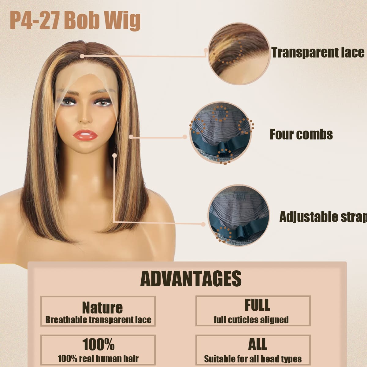 Yoholus P4-27 Bob Wig with 13*6 Transparent Lace Frontal