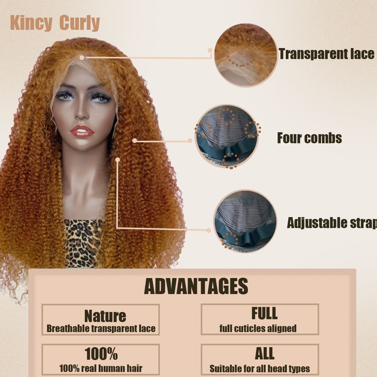 Yoholus Golden Yellow Kincy Curly Wig with 13*4 Transparent Lace Frontal