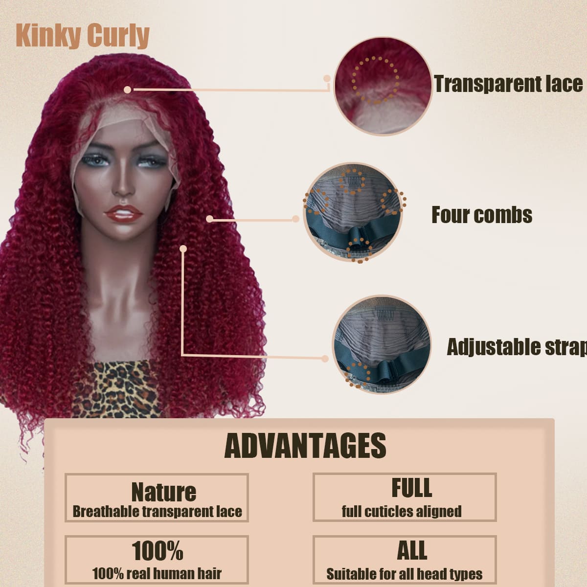 Yoholus Red Kinky Curly Wig with 13*4 Transparent Lace Frontal