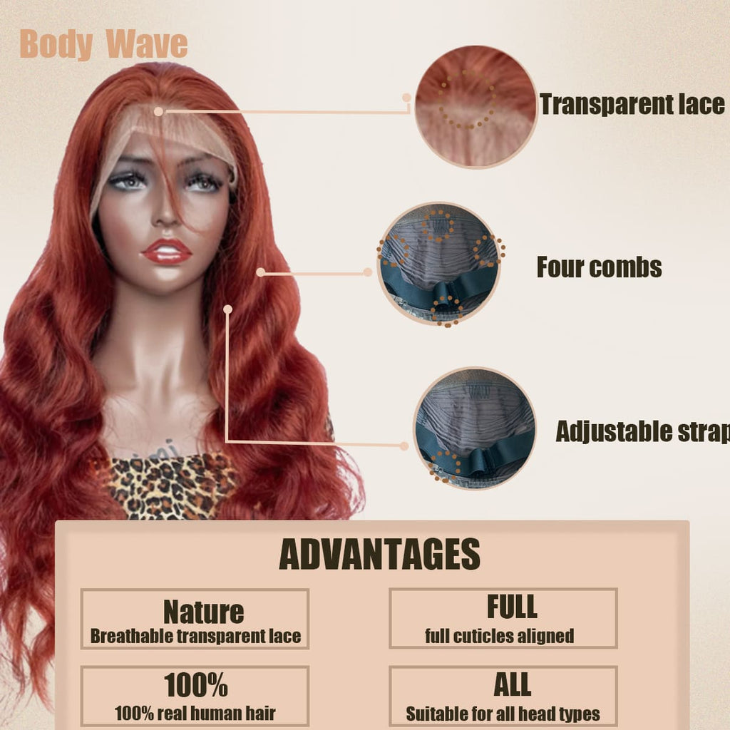 Yoholus Red Body Wave Wig with 13*4 Transparent Lace Frontal