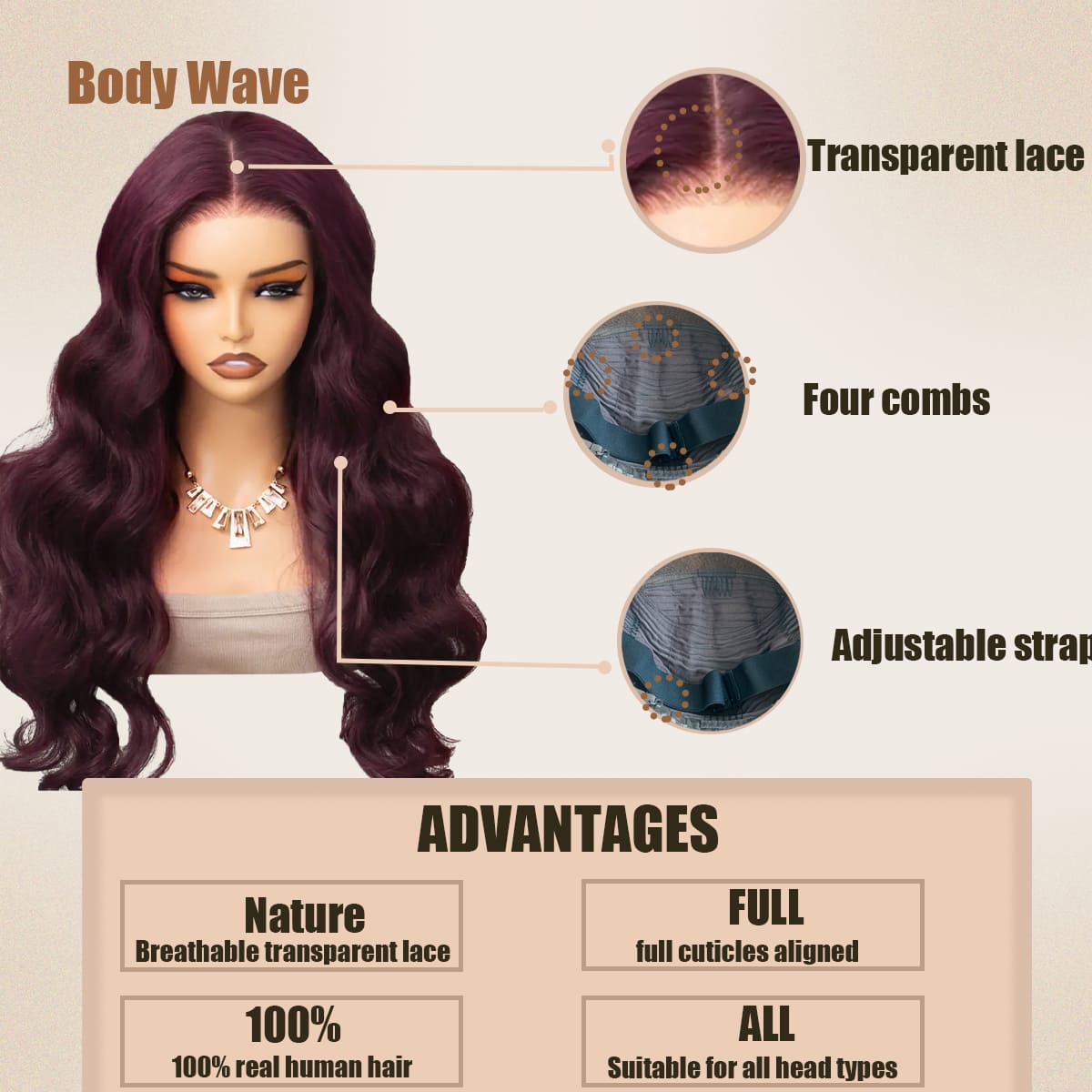 Yoholus p1b/purple Body Wave Wig with 13*4 Transparent Lace Frontal