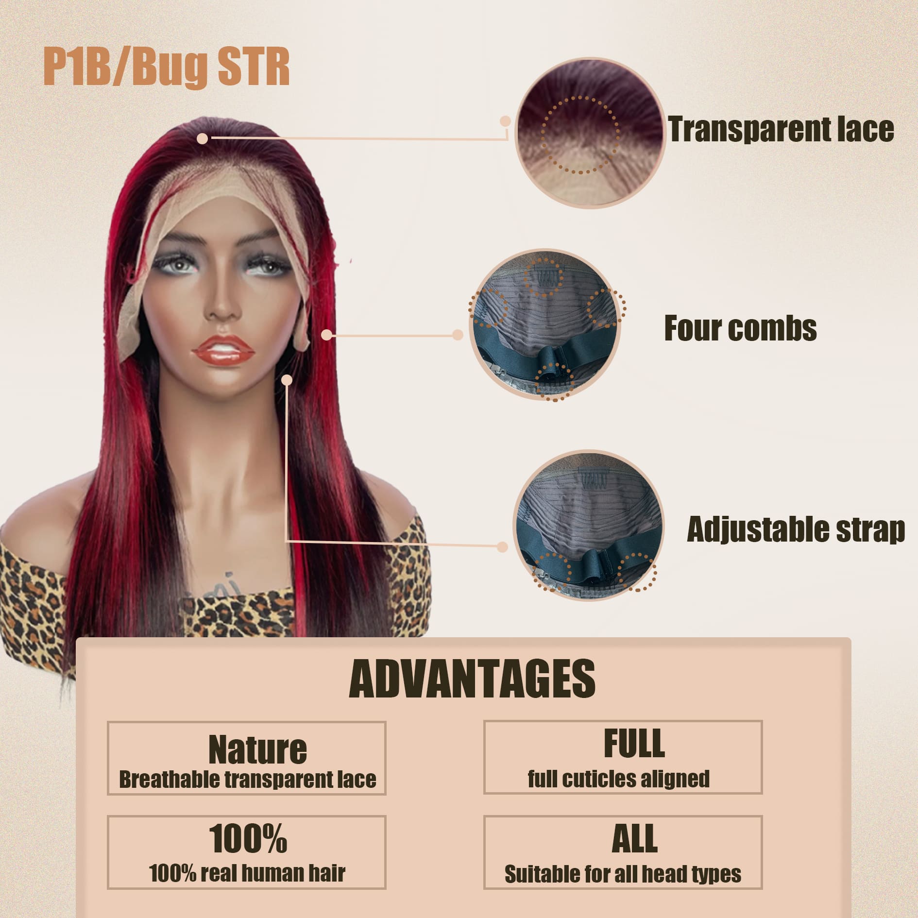 Yoholus P1b/Bug Straight Wig with 13*4 Transparent Lace Frontal