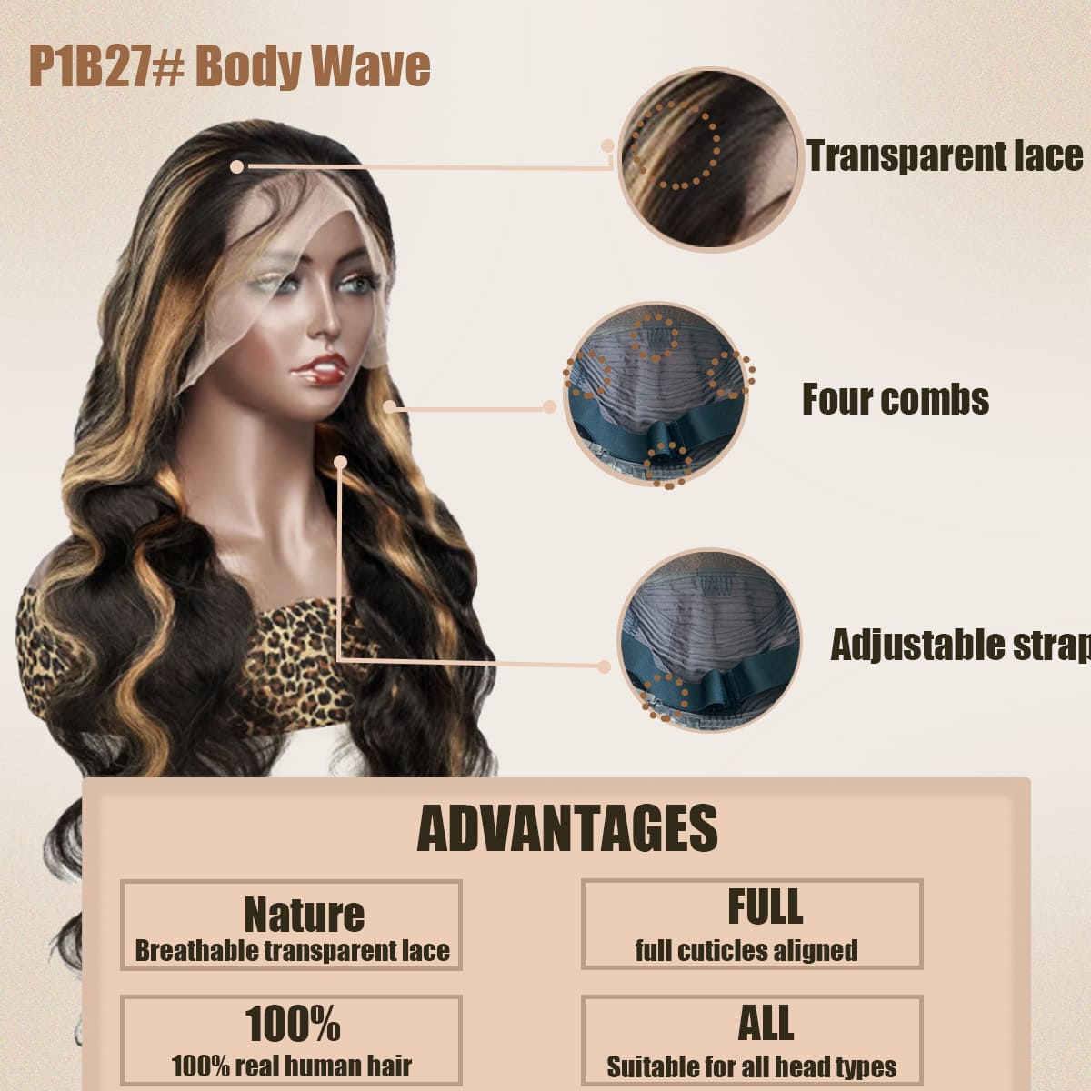 Yoholus P1b27# Body Wave Wig with 13*4 Transparent Lace Frontal