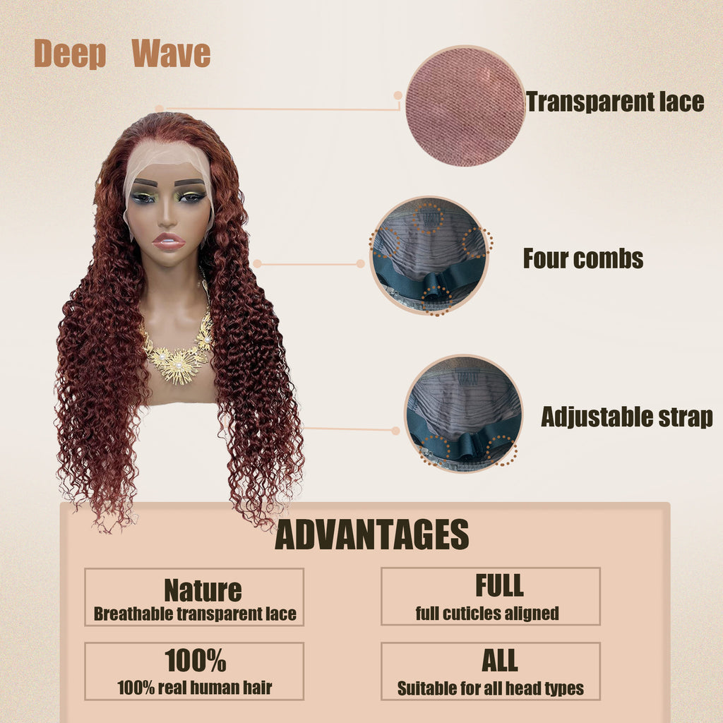 Yoholus Red Deep Wave Wig with 13*4 Transparent Lace Frontal